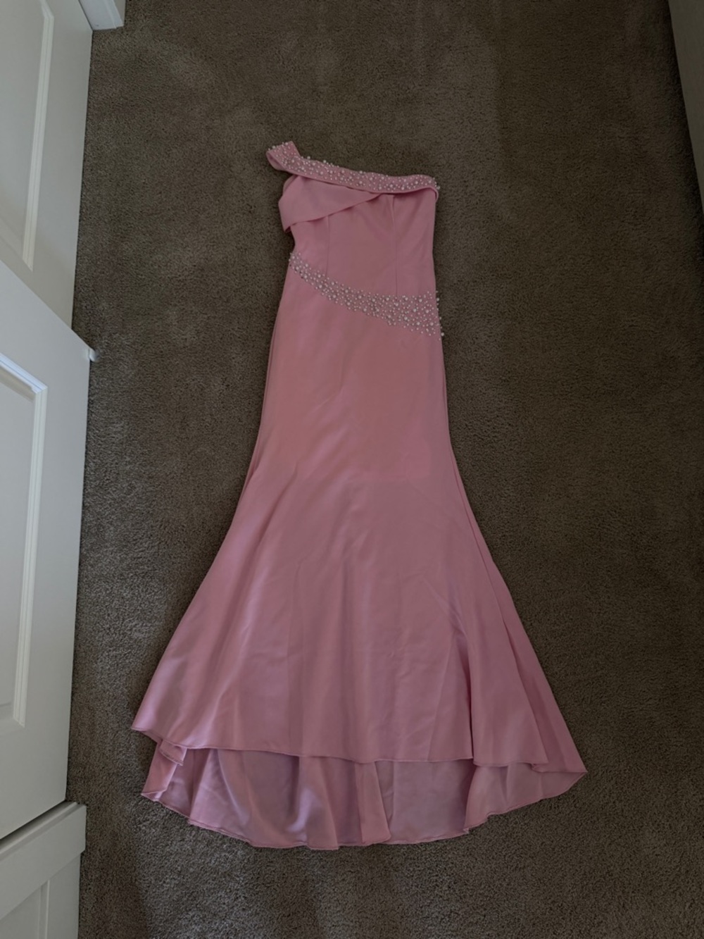 SHEIN Soft Pink One-Shoulder Evening Dress with Beaded Waist